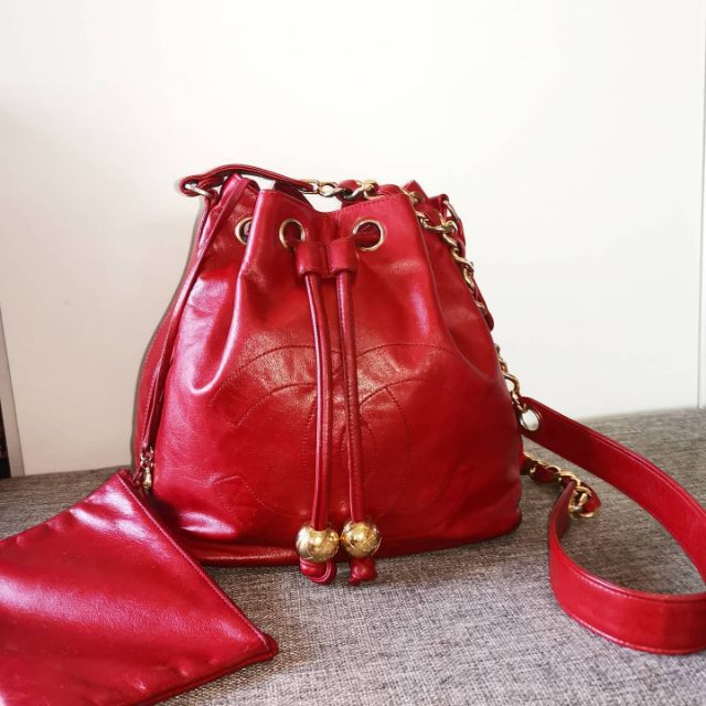Sold​ out​♥️​Rare​ Chanel Red​ Lambskin​ Vintage CC Drawstring Bucket Bag