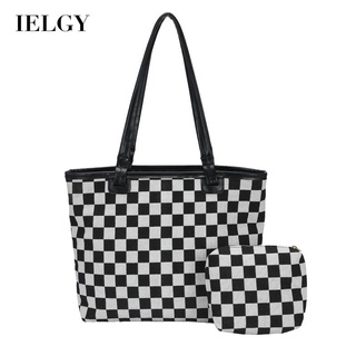 IELGY simple canvas female bag black and white plaid large capacity female leisure