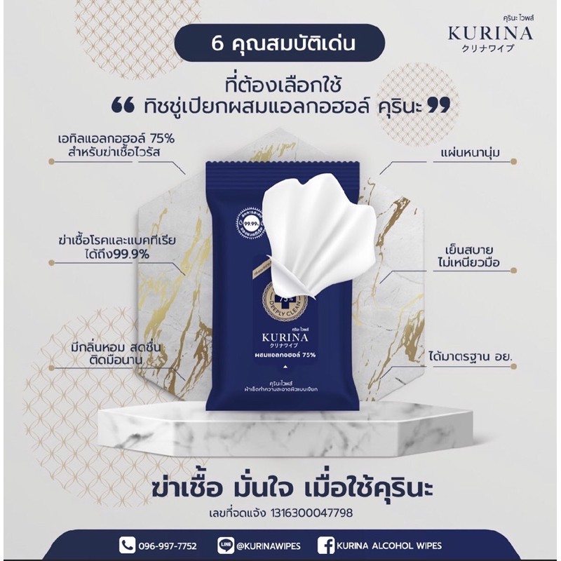 ทิชชู่เปียกผสมแอลกอฮอล์ Kurina (คุรินะ) แอลกอฮอล์เข้มข้น หอมสะอาด เด็กใช้ได้ ปลอดภัย