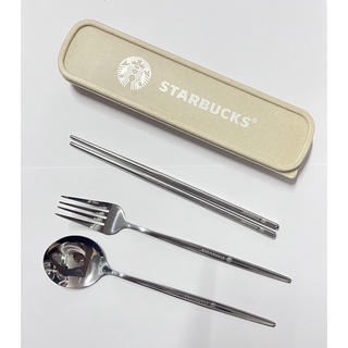 Starbuck Set ชุดช้อนส้อมตะเกียบพกพา สตาร์บัค ( ไม่บาง-ช้อนส้อม 1 คู่ และตะเกียบ )