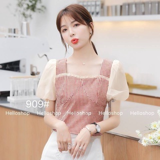 เสื้อลายสก็อตเล็ก แขนผ้าแก้ว แต่งเย็บตีเกล็ ด้านข้างเป็นเซฟ ด้านหน้า แบบน่ารักม๊ากกก 909