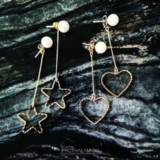 Korea Cute Minimal Star / Heart with Pearl Earrings : ต่างหู ตุ้มหู เกาหลี มินิมอล รูป ดาว หัวใจ แต่ง มุก น่ารัก