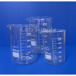 Beaker Low Form บีกเกอร์แก้ว ขนาด 1000 2000 ml. เนื้อแก้ว Borosilicate Glass 3.3, (No Brand), (HBT Brand)