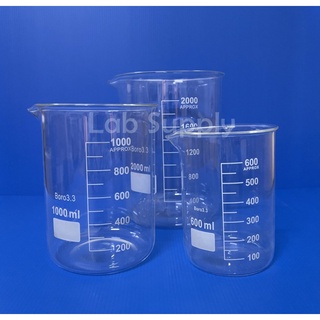 Beaker Low Form บีกเกอร์แก้ว ขนาด 1000 2000 ml. เนื้อแก้ว Borosilicate Glass 3.3, (No Brand), (HBT Brand)