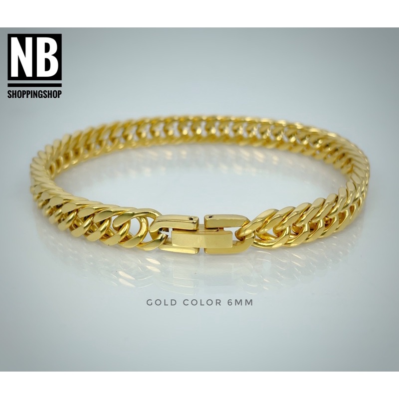 G-203 สร้อยข้อมือสแตนเลสแท้ 6mm สร้อยข้อมือสแตนเลส เลือบเงา สีGold color เลสข้อมือ ไม่ลอกไม่ดำ