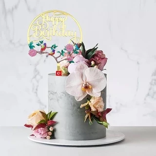 ป้ายวันเกิด ป้ายปักเค้กอะคริลิค ป้ายhappy birthday ดอกไม้ พิมพ์สี สีทอง