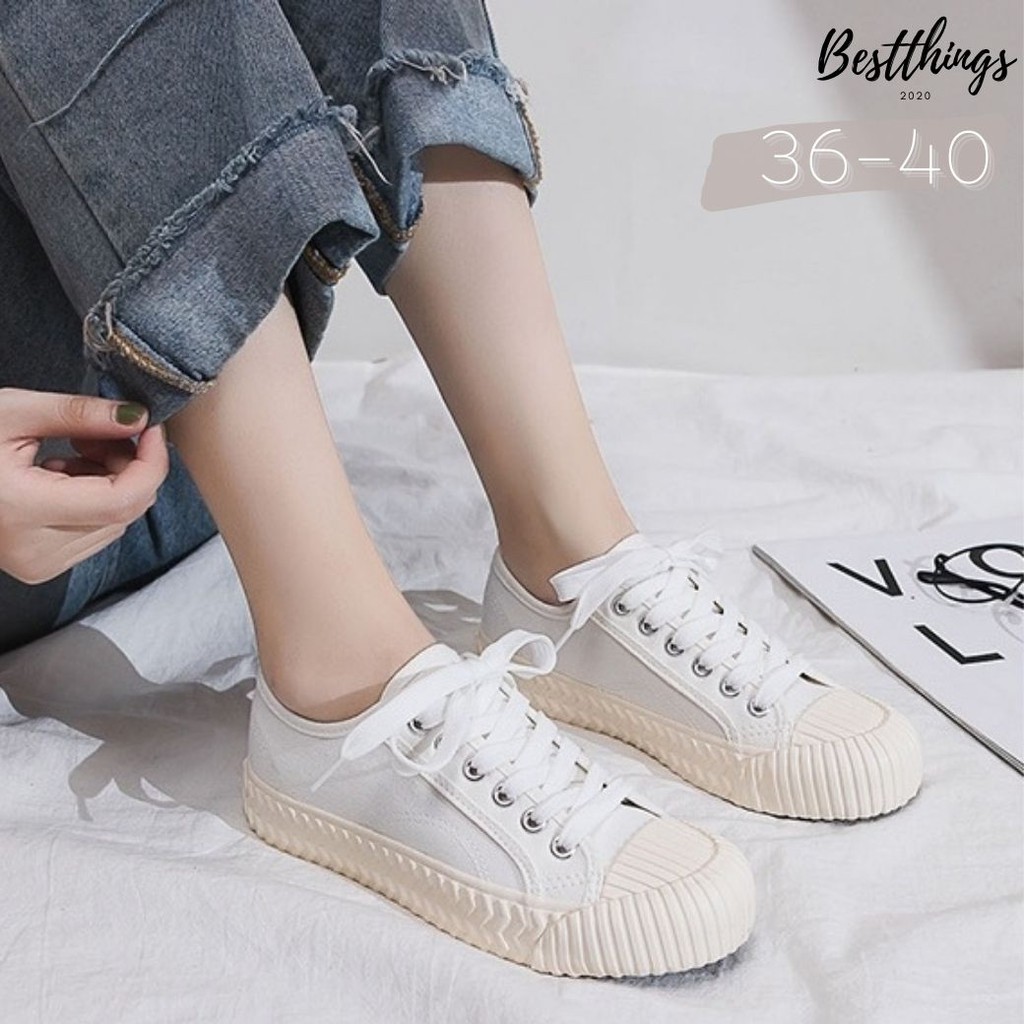 พร้อมส่งในไทย ส่งทุกวัน รุ่น 77 รองเท้าผ้าใบบิสกิตสีขาว มีไซส์ 36-45