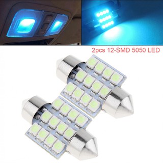 หลอดไฟ 12 SMD 5050 LED แสงสีฟ้า สำหรับติดเพดานรถยนต์ ขนาด 31 มม. 2 ชิ้น