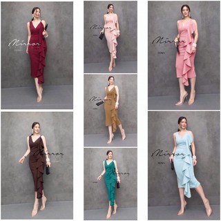 BG11576 Dress เดรสแขนกุดสายเดี่ยว 1 ข้าง ผ้าซาร่าเงา แต่งระบายคลีบปลาย้วยๆ ดูมีเทคเจอร์ สวยมีซิปหลัง