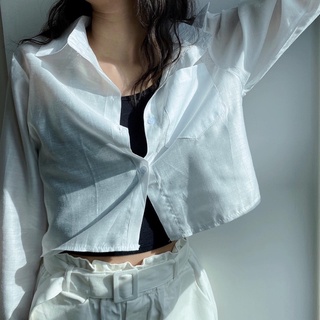 เสื้อเชิ้ตแขนยาว เอวลอย เสื้อเชิ้ตใสำทำงาน ผ้าาบางเบาใส่สบาย