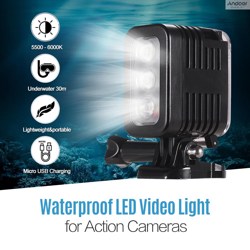 ไฟ LED กันน้ํา 5500-6000K 300Lux ใต้น้ํา มุมกว้าง 30 ม. ชาร์จ Micro USB สําหรับ GoPro Hero 7 6 5 4 3+ 3 Session และกล้องแอคชั่นอื่นๆ