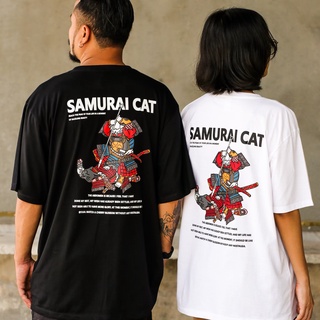 เสื้อยืด สกรีนลาย SAMURAI CAT -​ Street apparel  เสื้อคอกลม เสื้อยืดแขนสั้นพิมพ์ลายสไตล์สตรีท