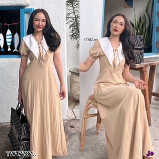 J17787 เดรสยาว คอปกบัว แขนตุ๊กตา Long dress, lotus neck, doll sleeves