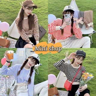 Mini shop🌸พร้อมส่ง🌸เสื้อไหมพรมแขนยาว ลายทาง น่ารักสไตล์​เกาหลี (9681) -C