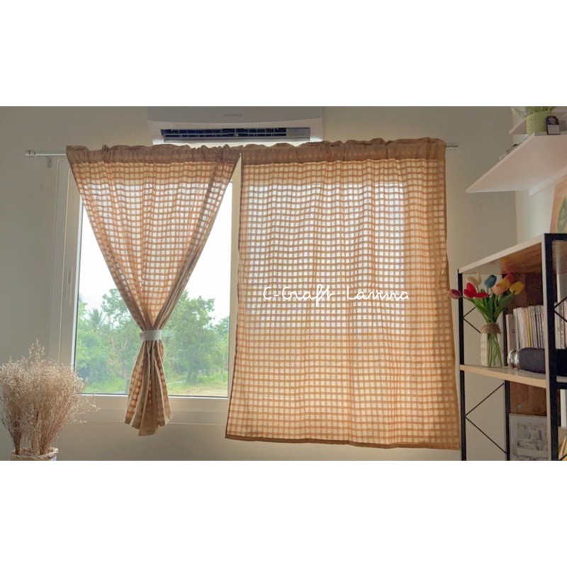 ผ้าม่านผ้าฝ้ายสไตล์มินิมอล สีน้ำตาล ลายตารางดั้งเดิม แบบไม่มีเชิง มีหลากหลายขนาดให้เลือกใช้แต่งบ้าน(TTSBROWN)
