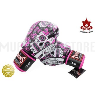 นวมชกมวย TWINS SPECIAL BOXING GLOVES FANCY FBGV-53 Skull Design Pink Color นวมต่อยมวย หนังแท้ ลายหัวกะโหลก สีชมพู