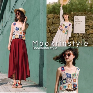 🍑Mookrinstyle GGดอกไม้🍑 เสื้อกล้าม ถักแขนกุด ลายดอกไม้ Bohemians style ชิคๆ เสื้อถัก เสื้อโบฮีเมียน เสื้อไปทะเล เสื้อ