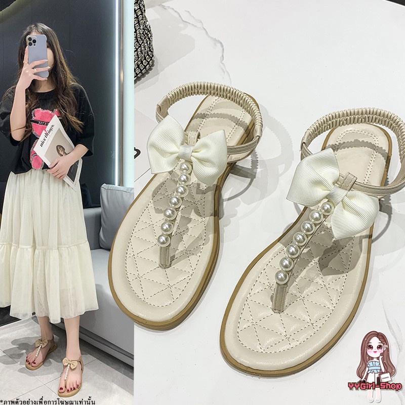 รองเท้ายางรัดส้น แต่งมุกผูกด้วยโบว์ ใส่สบาย ทรงน่ารัก T100
