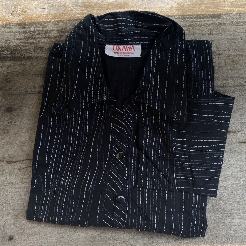 KEMEJA KATUN [ top ] Black Shirt Black Shirt Stripe ขาว Okinawa Brand Fashion size M ผ้าฝ้ายแขนสั้น 