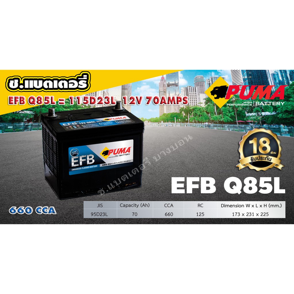 แบตเตอรี่ PUMA EFB 95D23L ( Q85L )  65AMPS 660CCA