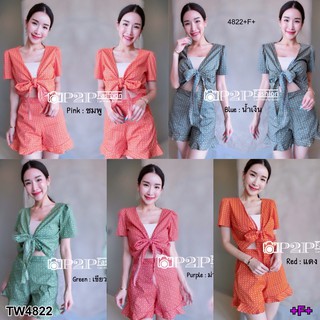 Set 2 ชิ้น เสื้อลายไทยผูกโบว์ข้างหน้า + กางเกงระบาย (4822)