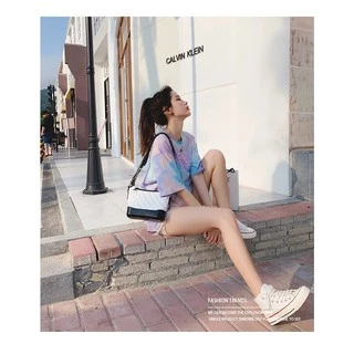 เสื้อยืดผู้หญิงแฟชั่น ส่วนยาวหลวมของเวอร์ชั่นเกาหลีของฮาราจูกุสไตล์มัดย้อมเสื้อยืดเสื้อคู่รัก ใส่สบาย#1039