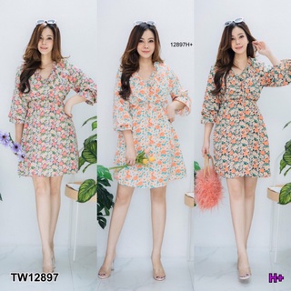 ME12897 Dress #สาวอวบ เดรสคอวี แต่งระบายรอบคอ สม็อกเอวเข้ารูป แขนสามส่วนแต่งระบายแขนเบาๆ