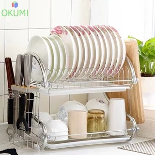 OKUMI_SHOP ที่คว่ำจานสแตนเลส รูปตัวS ขนาด2ชั้น ที่วางจาน มีถาดรองน้ำ