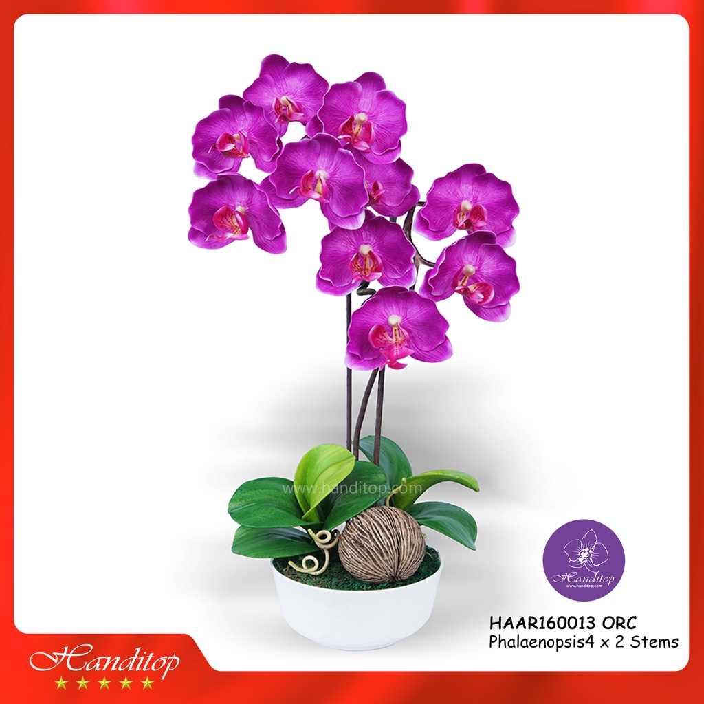 Handitop แจกันดอกไม้ประดิษฐ์กล้วยไม้ฟาแลนนอปซิส Phalaenopsis4 จำนวน 2 ช่อในภาชนะเซรามิคสีขาว