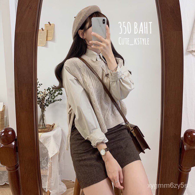 เสื้อกั๊กไหมพรม ผูกโบว์ข้าง สีน้ำตาล/แอปริคอท 2nSe