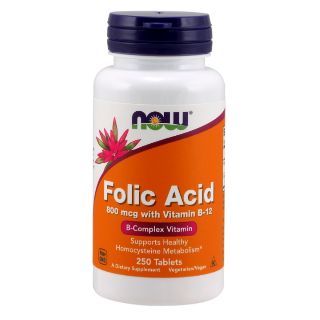 โฟลิค Now Foods Folic Acid 800 mcg with Vitamin B-12 25 mcg 250 Tablets