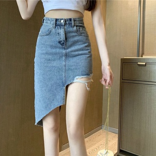 พร้อมส่ง👖กระโปรงยีนส์สีฟ้า กระโปรงยีนส์ยาวปานกลางทรงไม่ปกติ เอวสูง ทรงสลิม กระโปรงทรงเอ เข้ารูป