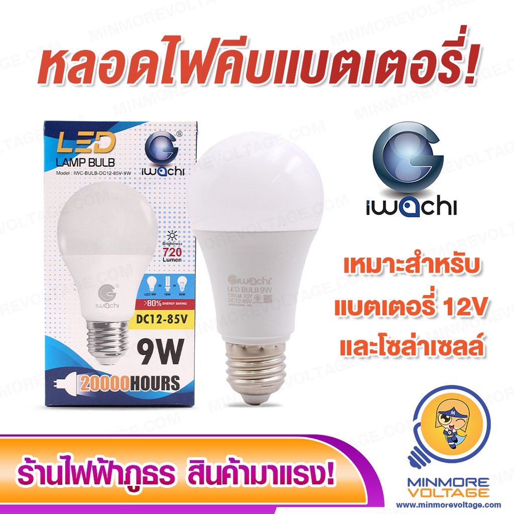 หลอดไฟ LED คีบแบตเตอรี่ 12-85V 9W แสงขาว ยี่ห้อ IWACHI (เหมาะสำหรับแบตเตอรี่ 12V)