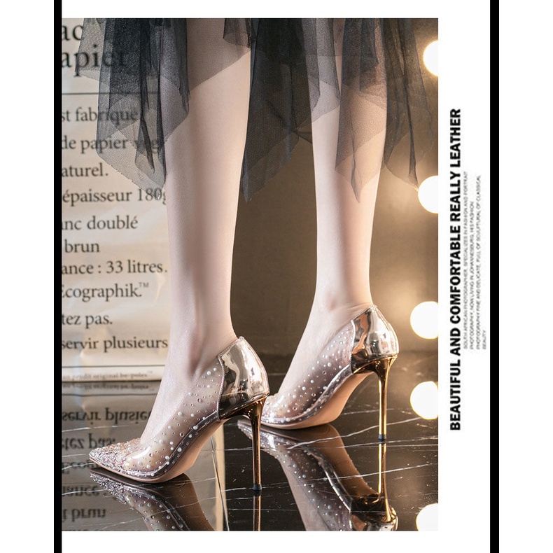 Banquet shoes 2022 new pointed toe high-heeled wedding shoes bow transparent stiletto sexy high-heeled shoe