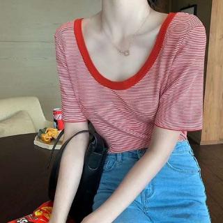c &amp; m เสื้อยืดหลวมลายทางเซ็กซี่