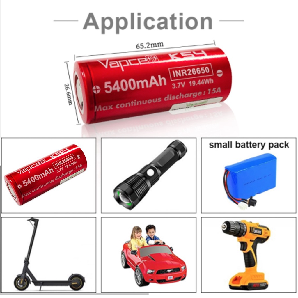 ถ่านชาร์จ 26650 Vapcell 5400mAh 3.7V 15A Max สีแดง 1 ก้อน