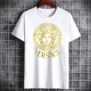 Versace แฟชั่นใหม่ที่มีสีสันเพชรร้อน Medusa ผ้าฝ้ายบริสุทธิ์แขนสั้นแขนสั้นเสื้อยืดสําหรับผู้ชาย +Zu