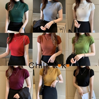 Chili_k❤️k❤️ 473 ^^พร้อมส่ง^^ เสื้อครอปคอกลมแขนสั้น ผ้าไหมพรมสีพื้น​ รูปทรงรัดรูป คอเต่า มี9สี