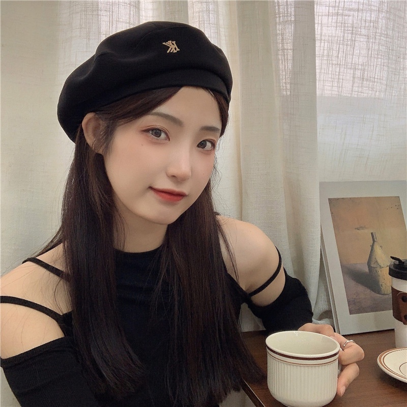หมวกเบเร่ต์ ผ้าวูล โลหะ สีดํา แฟชั่นฤดูใบไม้ร่วง และฤดูหนาว สไตล์เกาหลีเรโทร สําหรับผู้หญิง