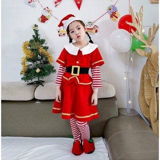 ชุดเด็กหญิง ชุดซานตาครอส ชุดแซนตี้ ชุดคริสต์มาส ลายขวาง Santy Santa claus Christmas Costumes