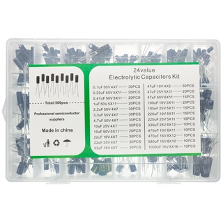 ตัวเก็บประจุอลูมิเนียมไฟฟ้า 0.1UF-1000UF 24Values 16-50V diy 500 ชิ้น ต่อชุด