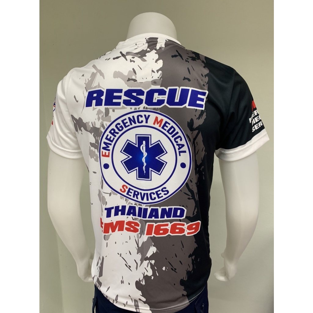 H003 เสื้อพิมพ์ลาย กู้ชีพ สีขาว-ดำ