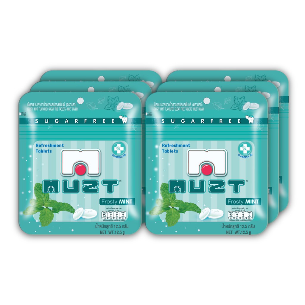 MUZT เม็ดอมปราศจากน้ำตาล รสฟรอสตี้มินต์ (ตรามัสท์) 6 ซอง ซองละ 12.5กรัม