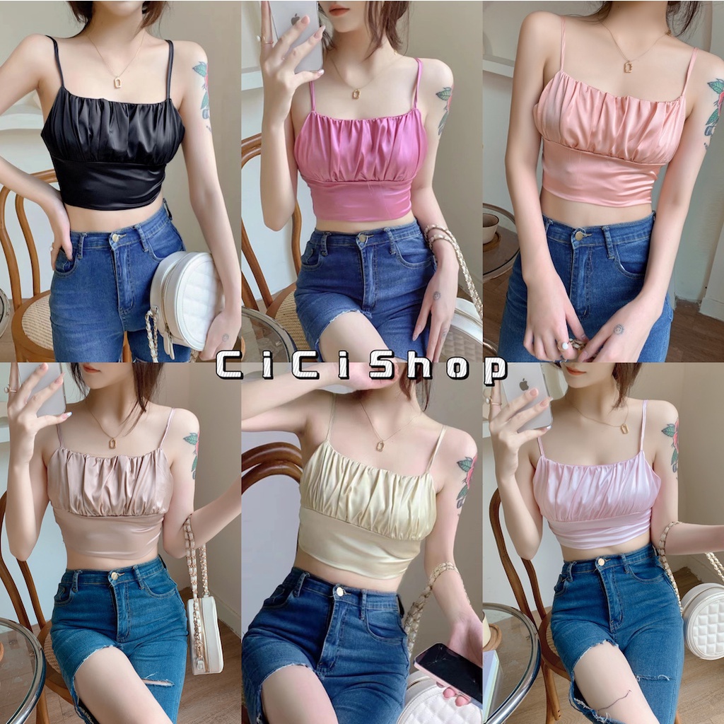 Cicishop(SALE/สุ่มสี 133)สายเดี่ยวครอปผ้าซินดีเทลย่นหน้า ด้านหลังแต่งสม็อคสายปรับได้เนื้อดีสวยเซ็กซี่ ไฮโซสุดๆ