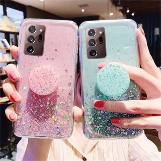 เคสมือถือ ซิลิโคน TPU สีใส กลิตเตอร์ With Round Bracket Casing Samsung Galaxy S21 Ultra S20 S10 S9 S8 Plus Note 20 10