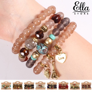 Ellastore123 จี้ลูกปัด รูปหอไอเฟล นกฮูก ยืดหยุ่น สไตล์โบฮีเมียน สําหรับผู้หญิง 4 ชิ้น ต่อชุด