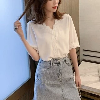 🔥ส่งไวจากไทย🔥 MSD พร้อมส่ง แฟชั่นสตรี เสื้อชีฟอง เสื้อเชิ้ตแขนสั้น สีขาว คอวี ผ้าดี