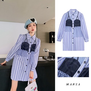 MANSA blue striped ruffle dress ชุดเกาหลี เสื้อผ้าแฟชั่นผู้หญิง เดรสแขนยาว