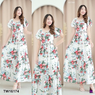 TT16174 Maxi dress แขนตุ๊กตาพองลายดอกช่อใหญ่สีขาว maxi dress puffy doll sleeves white floral pattern