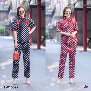 SS15877 Set #สาวอวบ เสื้อคอจีน แขนพอง+  กางเกงขายาว ลายจุด Mandarin collar, puff sleeves + polka dot pants